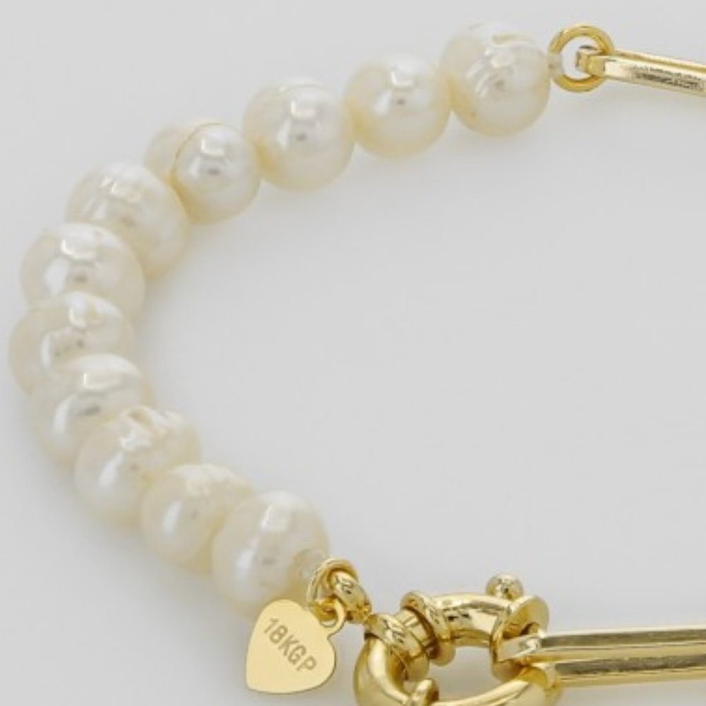 NEW 18K Gold Paperclip Freshwater Pearls Bracelet - Picture 3 of 5